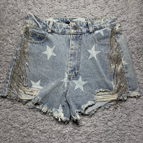 Blue B Collection Shorts Womens Small Star Print Denim Bling Fringe Cut Offs Gem - Picture 1 of 4
